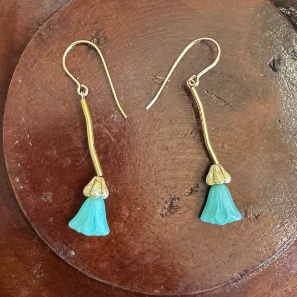 Natural Turquoise Tulip Dangle Earrings 14K Yellow Gold Filled - Picture 6 of 15